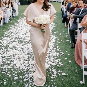 Revelry Gold Champagne 703 Satin Gwen bridesmaid dress in Size 6 Petite